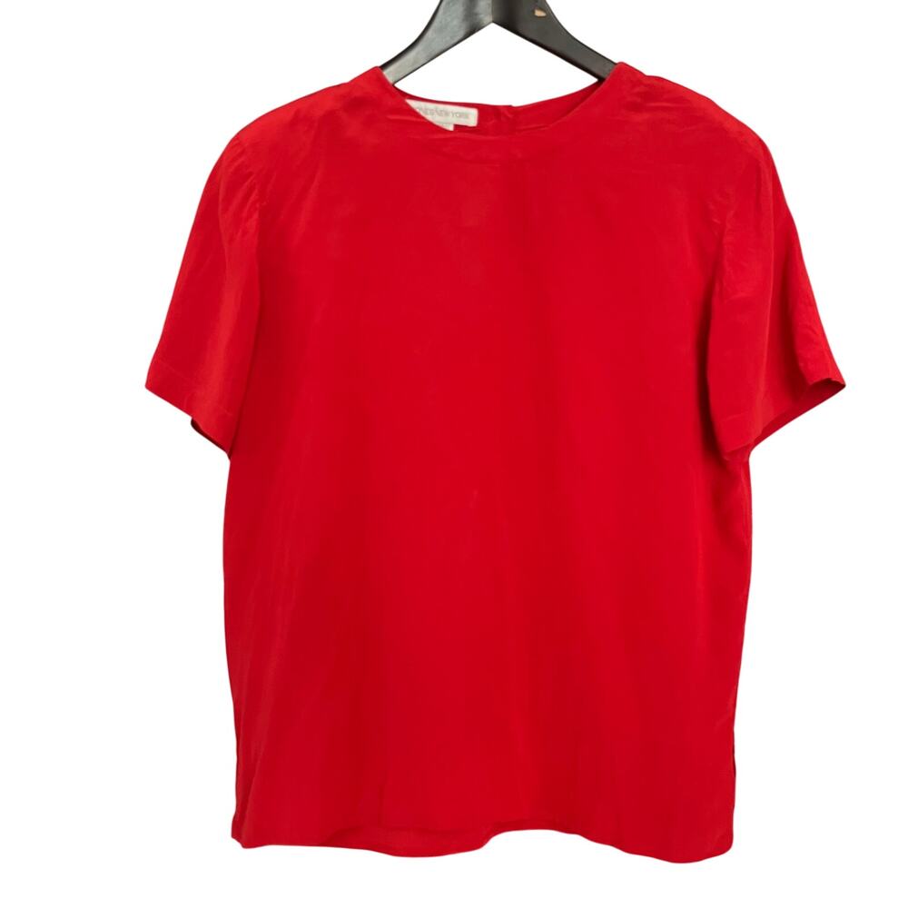 Vintage Jones New York Women 14 Red 100% Silk Blouse Shoulder Pads Short Sleeve